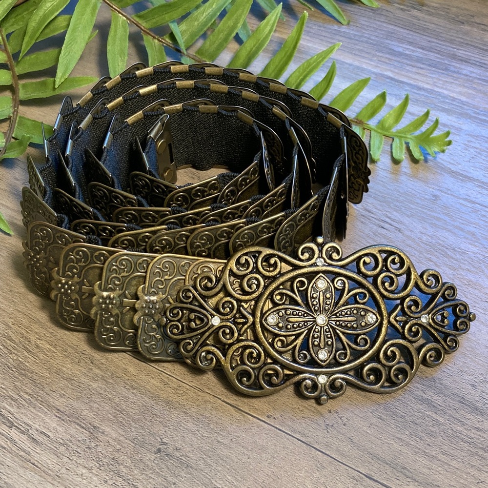 Vintage Ornate Metal Tile Stretch Belt Medieval Regency Antiqued Finish